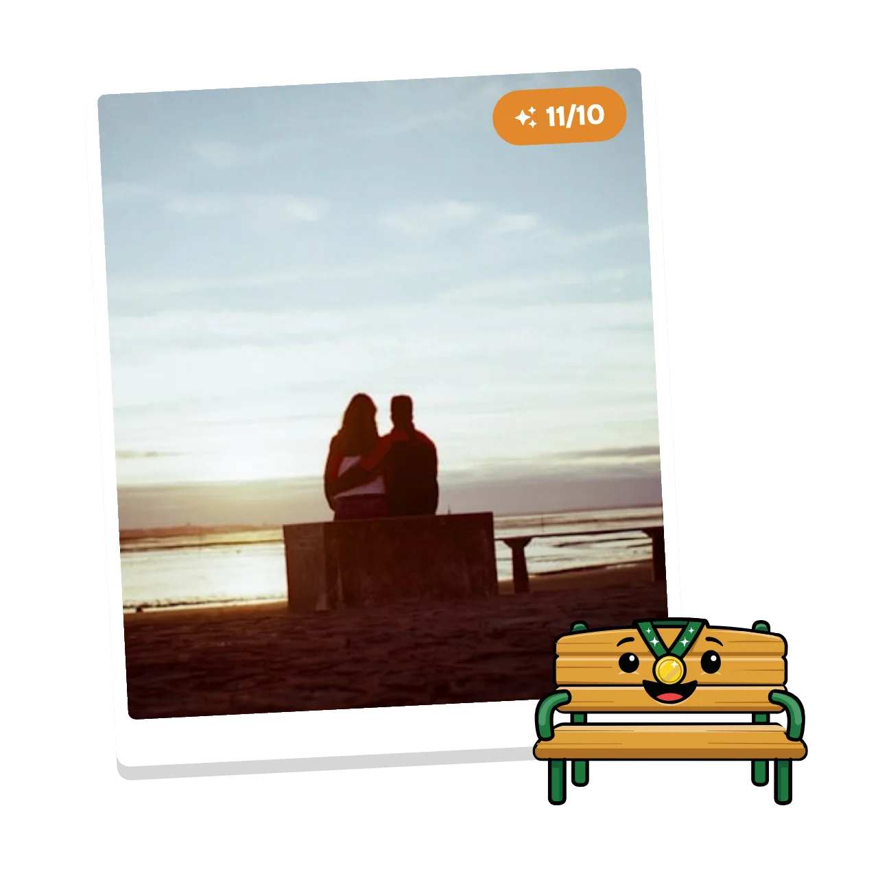 A polaroid of a bench at sunset with the 11/10 pill, and the mascot wearing a medal