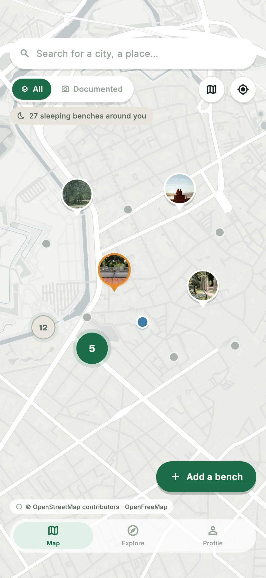 The Benchscape map screen: documented benches with photos, dormant benches in grey