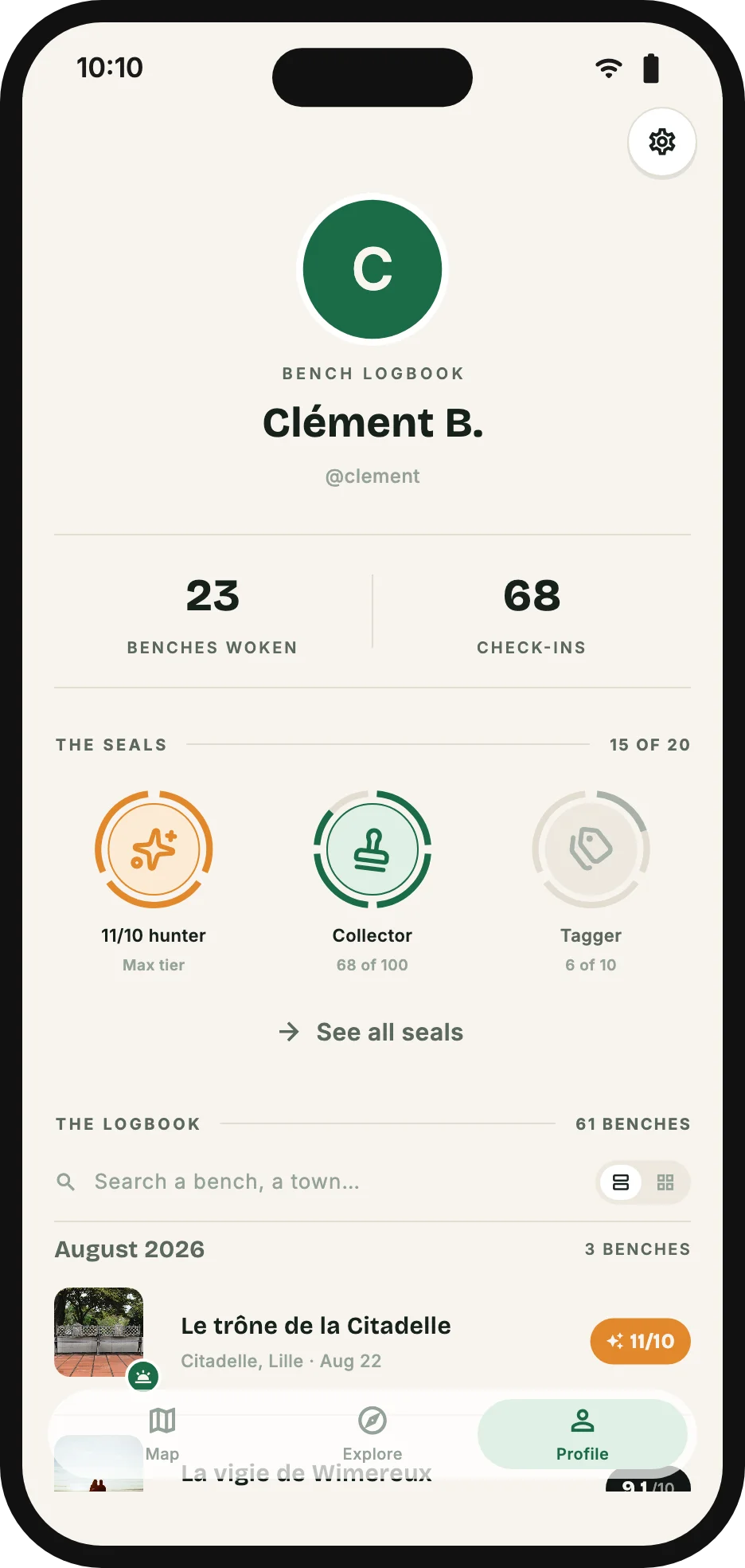 The bench logbook: awakened benches, check-ins, seals and collection