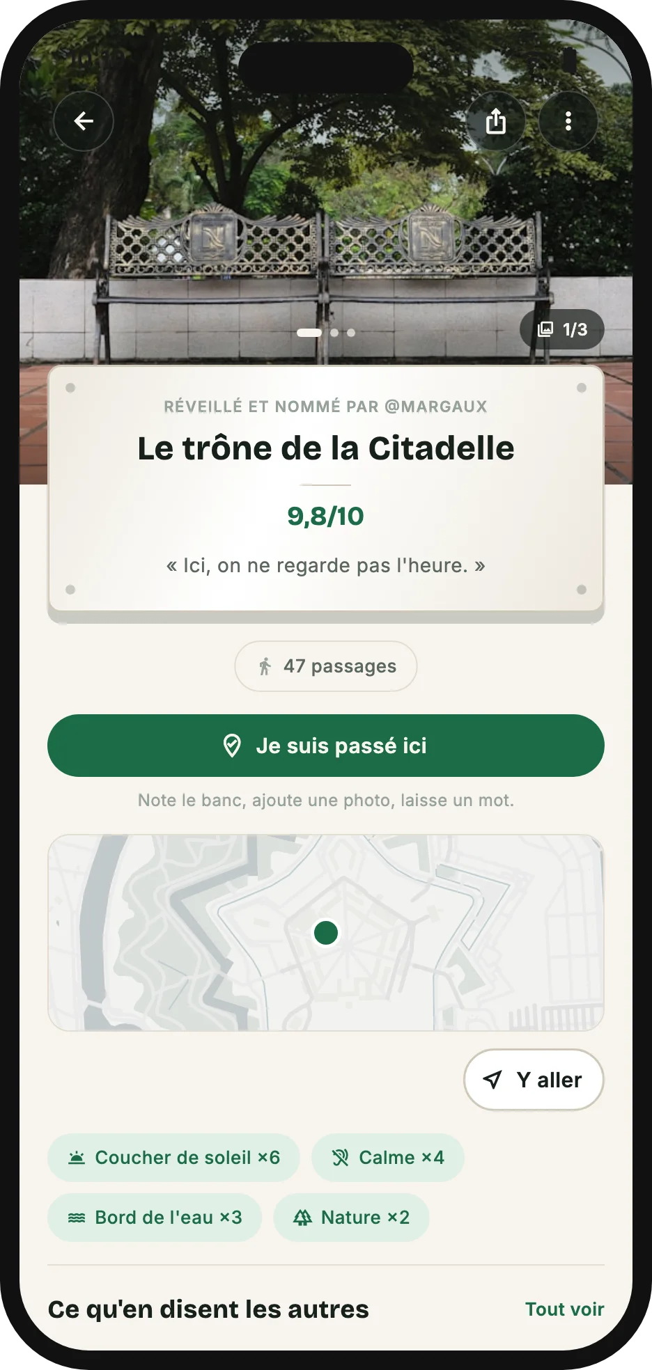 La fiche d'un banc : photo, plaque du découvreur, note sur 10 et bouton de check-in