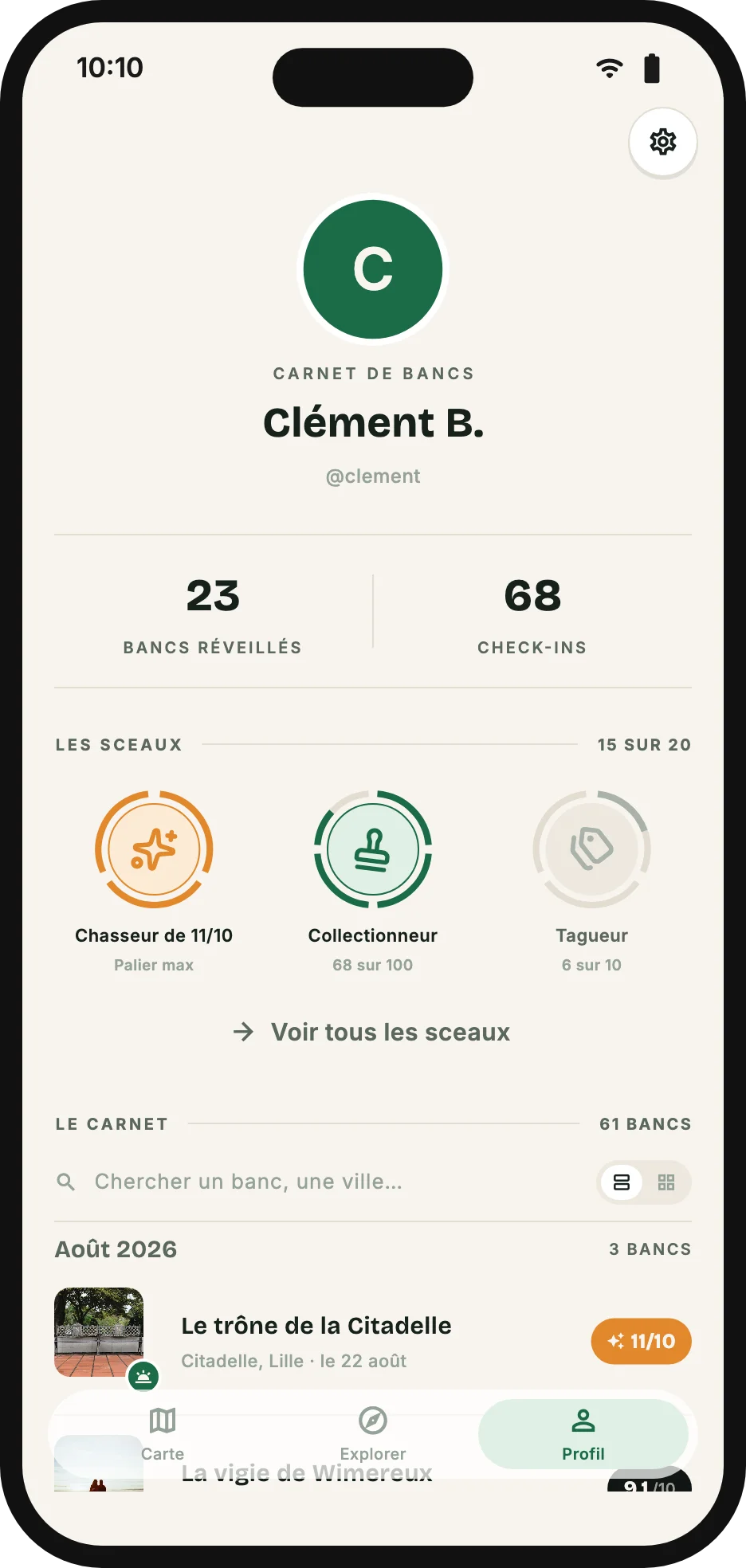 Le carnet de bancs : bancs réveillés, check-ins, sceaux et collection